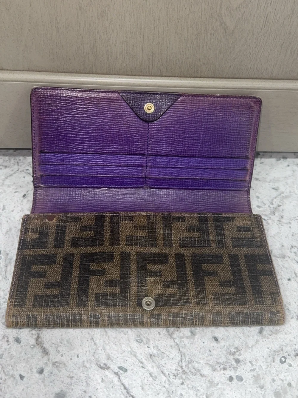 FENDI ZUCCA CONTINENTAL TOBACCO WALLET PURPLE INTERIOR —AUTHENTIC—